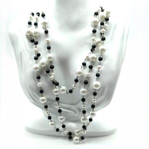 Vintage Three Strand Simulated Pearl Black and White Glass Bead Chain Necklace